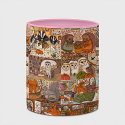 Кружка 3D Коллаж из сказочных зверей - совы, белки, ёжики, цвет: 3D-белый + розовый — фото 2