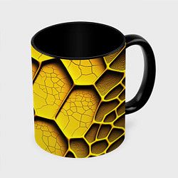 Кружка 3D Желтые шестиугольники с трещинами - объемная текст, цвет: 3D-белый + черный