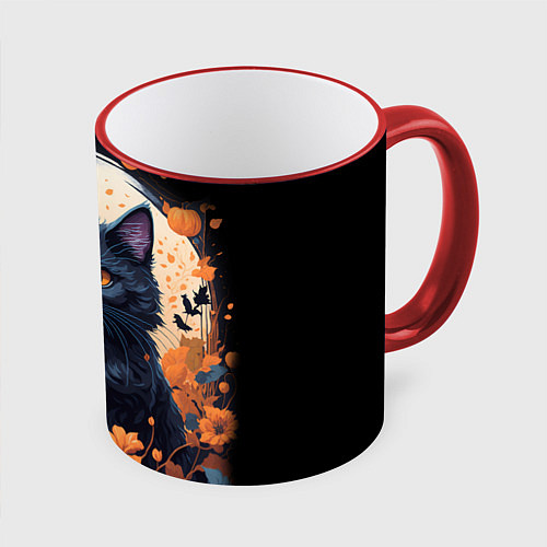 Кружка цветная Котик и тыквы - хеллоуин / 3D-Красный кант – фото 1