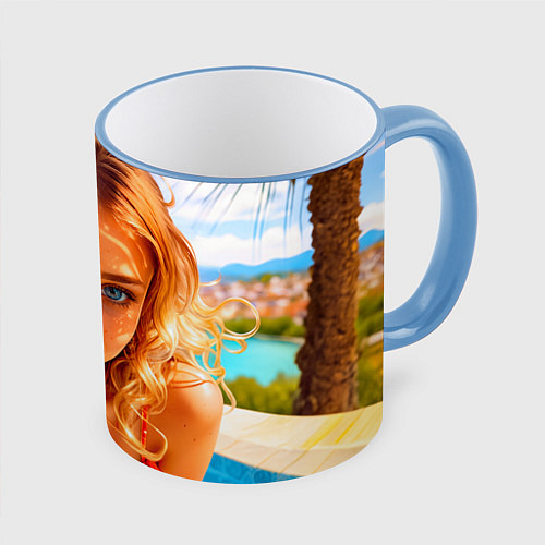 Кружка цветная Девушка на курорте у бассейна / 3D-Небесно-голубой кант – фото 1
