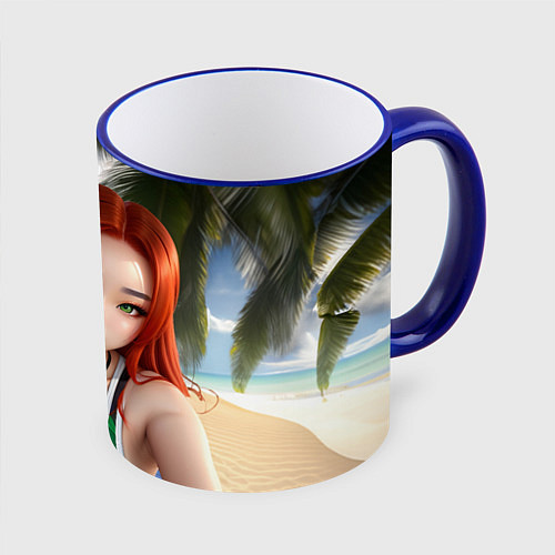 Кружка цветная Девушка с рыжими волосами на пляже / 3D-Синий кант – фото 1