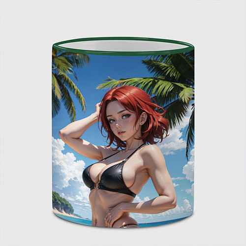 Кружка цветная Девушка с рыжими волосами на пляже / 3D-Зеленый кант – фото 2