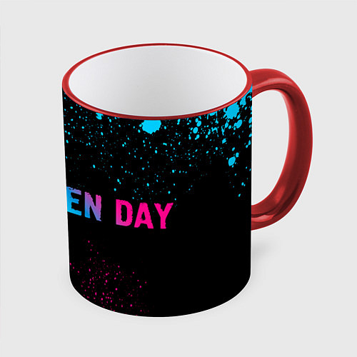 Кружка цветная Green Day - neon gradient: надпись и символ / 3D-Красный кант – фото 1