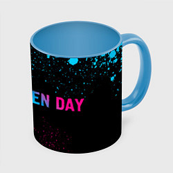 Кружка 3D Green Day - neon gradient: надпись и символ, цвет: 3D-белый + небесно-голубой