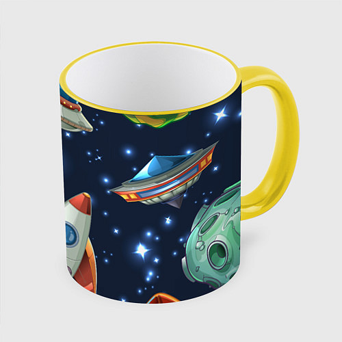 Кружка цветная Космические корабли и планеты / 3D-Желтый кант – фото 1