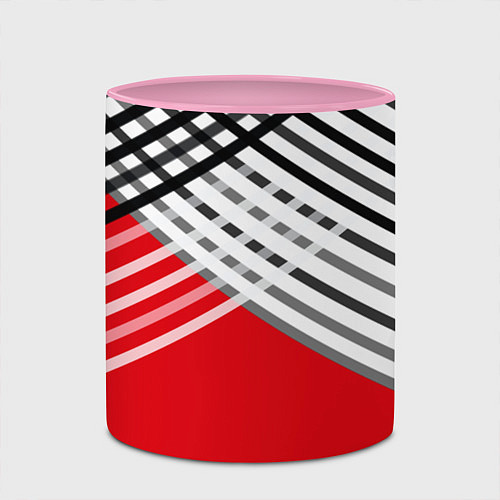 Кружка цветная Косые черно-белые полосы на красном / 3D-Белый + розовый – фото 2