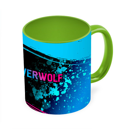 Кружка цветная Powerwolf - neon gradient: надпись и символ / 3D-Белый + светло-зеленый – фото 1