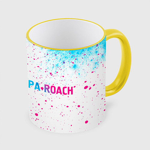 Кружка цветная Papa Roach neon gradient style: надпись и символ / 3D-Желтый кант – фото 1