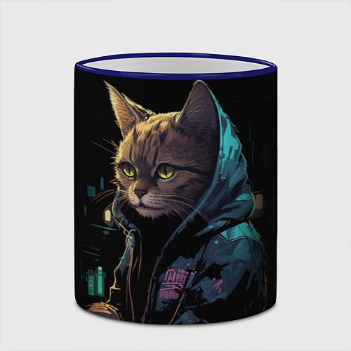 Кружка цветная Кот в стиле киберпанк / 3D-Синий кант – фото 2