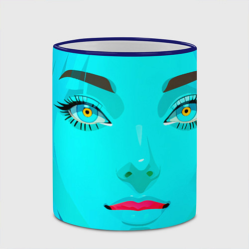 Кружка цветная Девушка с циановым лицом и жёлтыми зрачками / 3D-Синий кант – фото 2