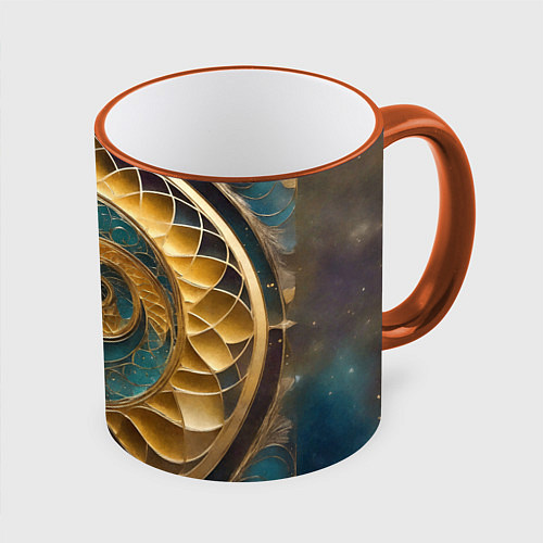 Кружка цветная Синий золотой водоворот декоративный орнамент / 3D-Оранжевый кант – фото 1