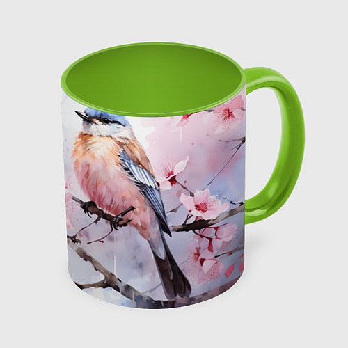 Кружка цветная Птицы в ветвях сакуры акварель / 3D-Белый + светло-зеленый – фото 1