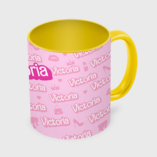 Кружка цветная Виктория - паттерн Барби розовый / 3D-Белый + желтый – фото 1