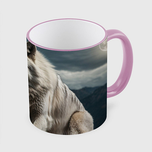 Кружка цветная Белый волк вожак стаи / 3D-Розовый кант – фото 1