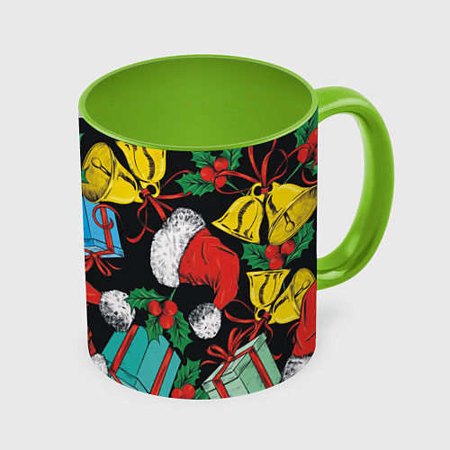 Кружка цветная Узор с рождественскими колокольчиками / 3D-Белый + светло-зеленый – фото 1