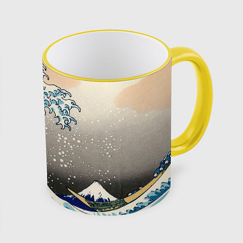 Кружка цветная Великая волна от Канагава / 3D-Желтый кант – фото 1