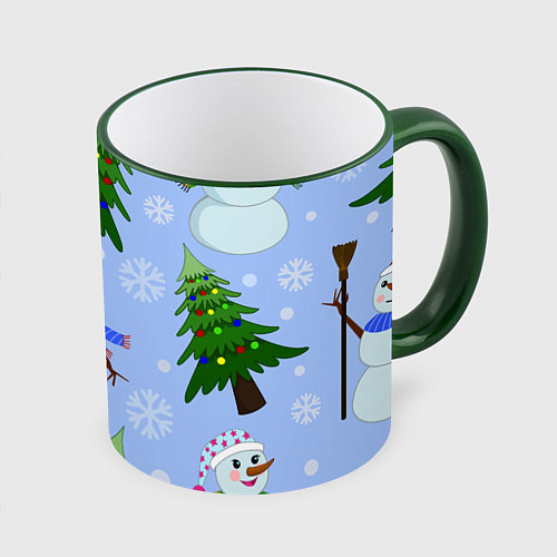 Кружка цветная Снеговики с новогодними елками паттерн / 3D-Зеленый кант – фото 1