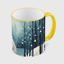Кружка цветная Мишка в зимнем лесу в стиле фолк-арт