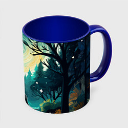 Кружка 3D Волк в ночном лесу фолк-арт, цвет: 3D-белый + синий