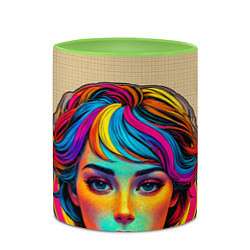 Кружка 3D Девушка с разноцветными волосами на клетчатом фоне, цвет: 3D-белый + светло-зеленый — фото 2