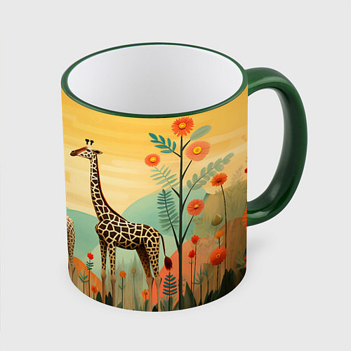 Кружка цветная Три жирафа в стиле фолк-арт / 3D-Зеленый кант – фото 1