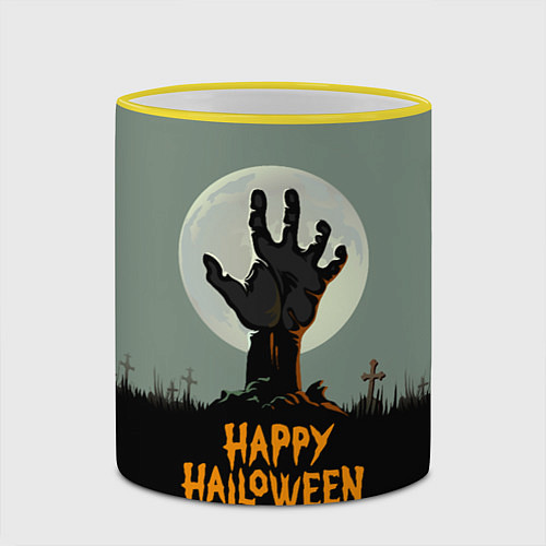 Кружка цветная Halloween - рука мертвеца / 3D-Желтый кант – фото 2