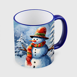 Кружка 3D Новогодний снеговик с шарфом, цвет: 3D-синий кант