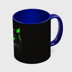 Кружка 3D Черный кот в зеленом свечении, цвет: 3D-белый + синий