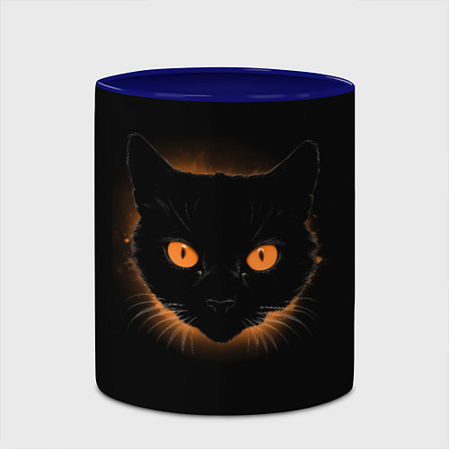 Кружка цветная Портрет черного кота в оранжевом свечении / 3D-Белый + синий – фото 2