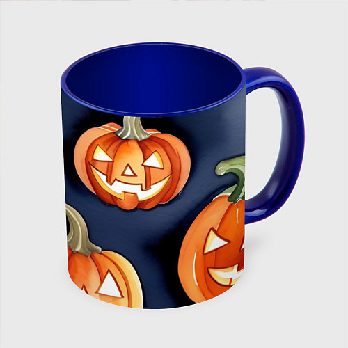 Кружка цветная Хэллоуинские тыквы акварель / 3D-Белый + синий – фото 1