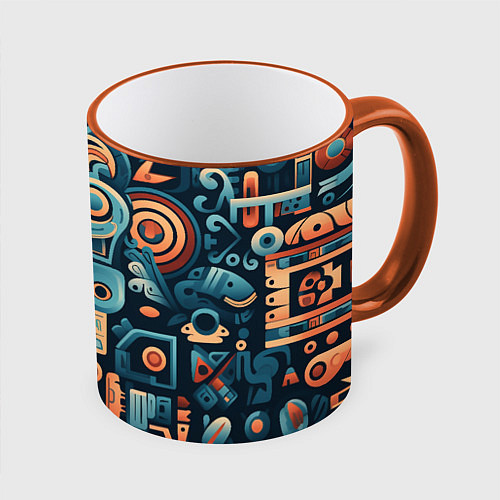 Кружка цветная Симметричный абстрактный паттерн в ацтекском стиле / 3D-Оранжевый кант – фото 1