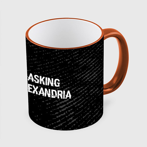 Кружка цветная Asking Alexandria glitch на темном фоне по-горизон / 3D-Оранжевый кант – фото 1