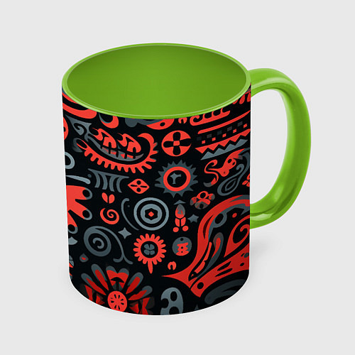 Кружка цветная Красно-черный узор в славянском стиле / 3D-Белый + светло-зеленый – фото 1