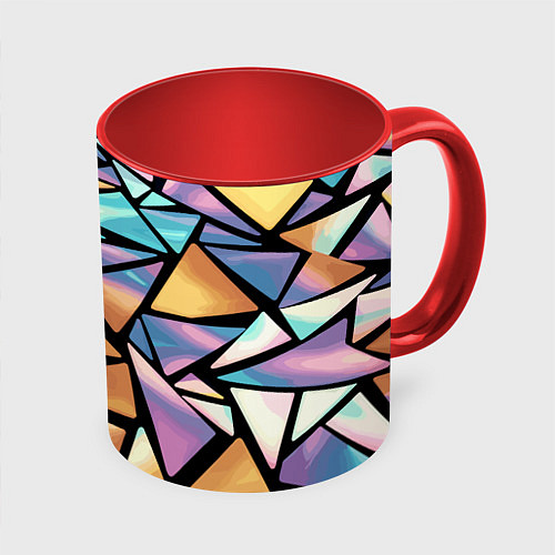 Кружка цветная Радужные треугольники - кристаллы голографические / 3D-Белый + красный – фото 1