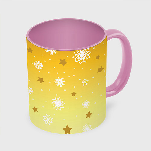 Кружка цветная Снежинки и звезды на желтом / 3D-Белый + розовый – фото 1