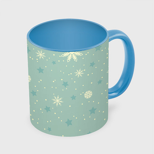 Кружка цветная Снежинки и звезды на матно зеленем / 3D-Белый + небесно-голубой – фото 1