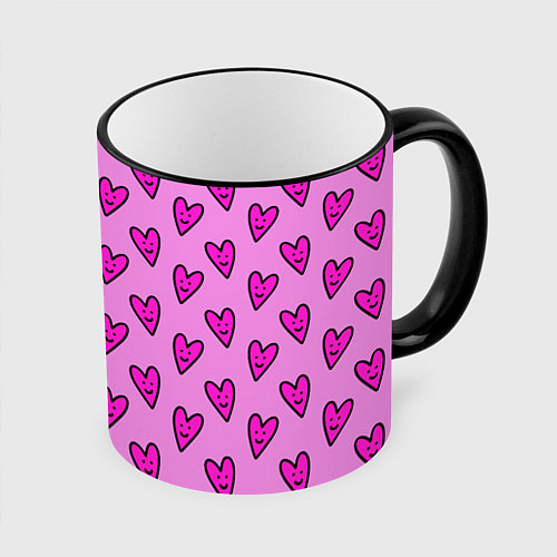 Кружка цветная Розовые сердечки каракули / 3D-Черный кант – фото 1