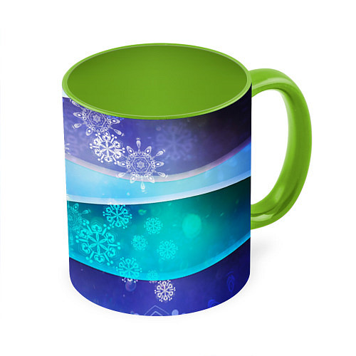 Кружка цветная Абстрактный синий волнистый фон со снежинками / 3D-Белый + светло-зеленый – фото 1