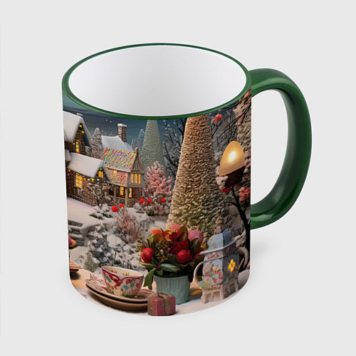 Кружка цветная Объемные новогодние домики / 3D-Зеленый кант – фото 1