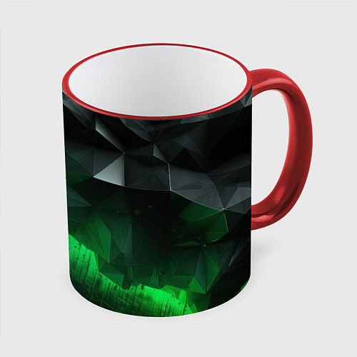 Кружка цветная Асимметрия зеленого узора / 3D-Красный кант – фото 1