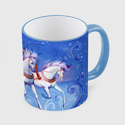 Кружка 3D Дед Мороз и тройка лошадей, цвет: 3D-небесно-голубой кант