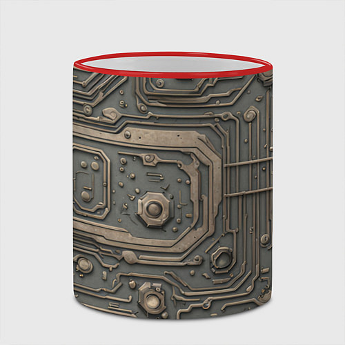 Кружка цветная Металлическая ржавая обшивка с микросхемами и гайк / 3D-Красный кант – фото 2