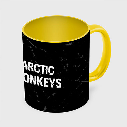 Кружка цветная Arctic Monkeys glitch на темном фоне по-горизонтал / 3D-Белый + желтый – фото 1