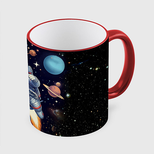 Кружка цветная Крутой котик в открытом космосе - нейросеть / 3D-Красный кант – фото 1