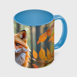 Кружка 3D Портрет лисы в осеннем лесу, цвет: 3D-белый + небесно-голубой