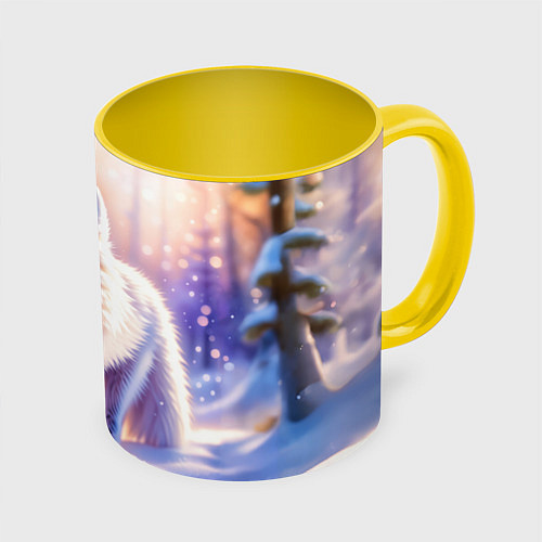 Кружка цветная Заснеженный зимний пейзаж с песцом / 3D-Белый + желтый – фото 1