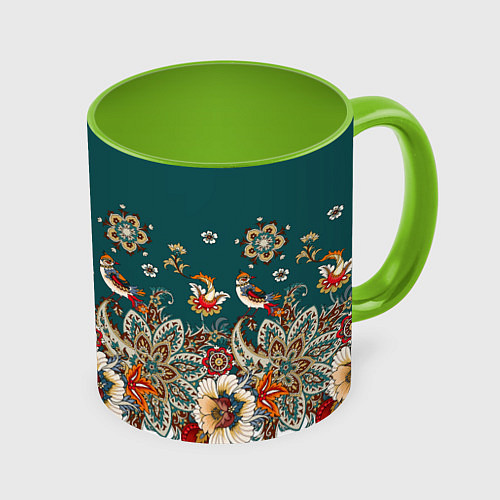 Кружка цветная Индийский орнамент с птицами / 3D-Белый + светло-зеленый – фото 1