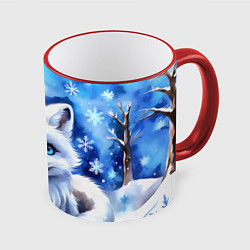 Кружка 3D Портрет мультяшного песца акварель, цвет: 3D-красный кант