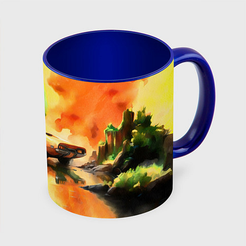 Кружка цветная Машина на оранжево зеленом фоне акварель / 3D-Белый + синий – фото 1
