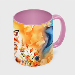 Кружка цветная Рыжая лиса с цветами акварелью